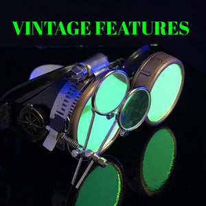 Steampunk Goggles with magnifying loupes UV glow neon green spiral diffraction lenses