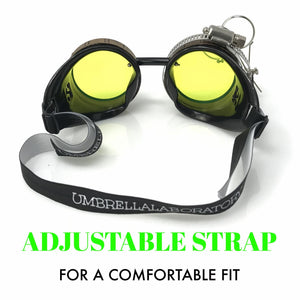Steampunk Goggles with magnifying loupes UV glow neon green spiral diffraction lenses