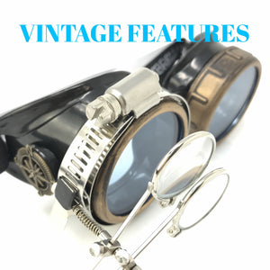 Steampunk Goggles with magnifying loupes UV glow neon blue spiral diffraction lenses