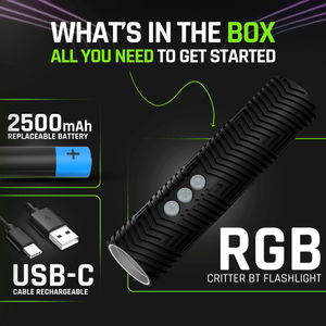 RGB Critter BT Flashlight in box, with 2500mAh battery & USB-C charging
