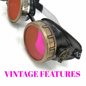 Steampunk Goggles with magnifying loupes UV glow neon pink spiral diffraction lenses