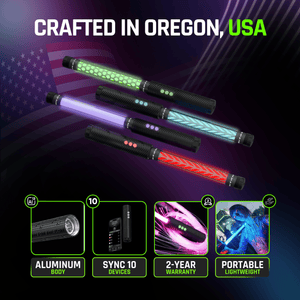 Five glowing wands with an American flag background and product details.