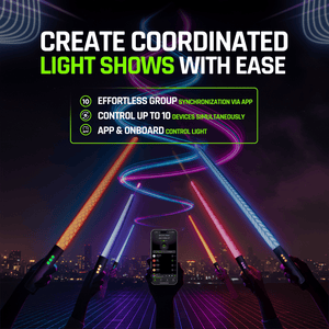 Hands holding colorful light sabers, with app control interface.