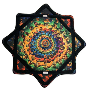 Psychedelic spiral art on star-shaped cushion