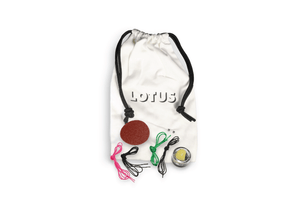 Lotus branded drawstring bag with contents