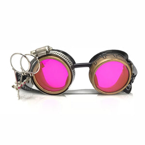 Steampunk Goggles with magnifying loupes UV glow neon pink spiral diffraction lenses