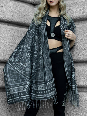 Gray & white DHARMA shawl draped on woman