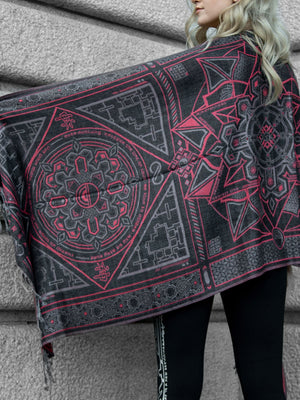 Gray and red geometric DHARMA shawl on woman