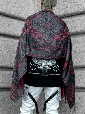 DHARMA shawl in gray and red worn by person