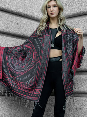 Woman wearing DHARMA gray and red shawl