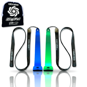 Blue & green LED poi with black straps & bag.