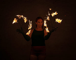 Fire dancer with fire fans, Spider Web style.