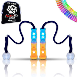 Helix LED poi set, assembled and lit, with carrying bag.