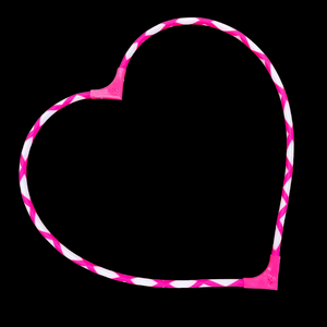 Pink and white heart-shaped frame on black background.