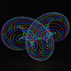 Abstract light painting in red, green, and blue on black background.