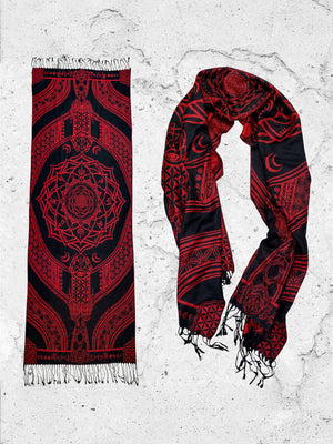 Red and black mantra scarf, design detail
