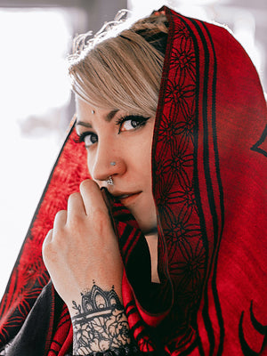 Woman in red shawl, Mantra design