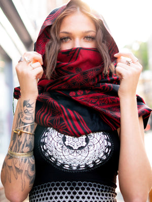 Woman wearing Mantra-red scarf