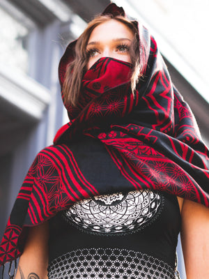 Woman wearing Mantra-red-7 scarf and top