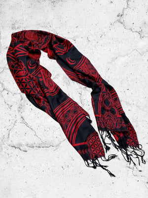 Red and black Mantra scarf with geometric design