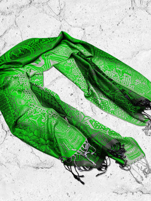 Neon green patterned silk scarf on marble