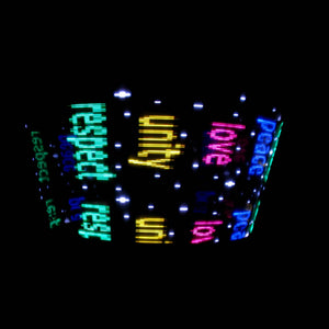 PLUR LED display with respect, unity, love, and peace.