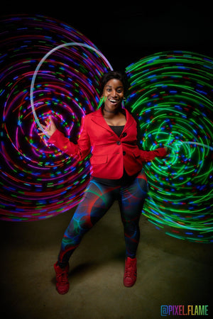 Woman with starlight ray double light trails.