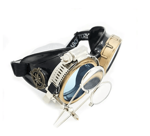 Steampunk Goggles with magnifying loupes UV glow neon blue prism diffraction lenses