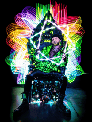 Man on throne with neon light art, Feb 14 screenshot