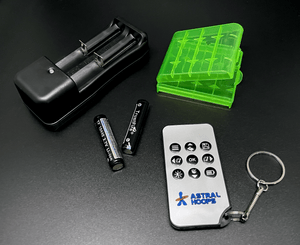 charger, batteries, remote, and case