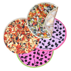 Pizza and patterned mats