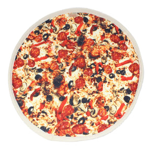 Pizza-shaped beach towel with pepperoni and vegetables