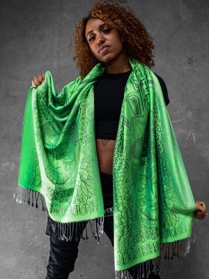 Woman wearing green wisdom shawl