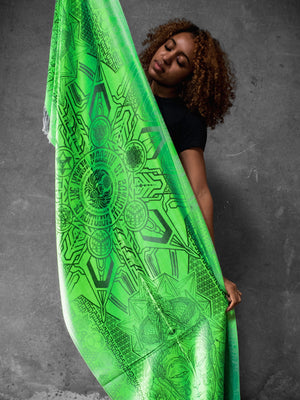 Woman wearing green wisdom shawl