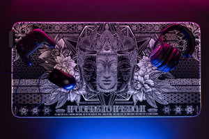 Gaming mousepad mockup with Buddha design and headphones