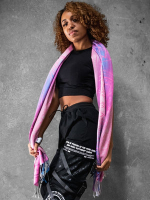Woman wearing pink dharma shawl