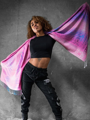 Woman with pink dharma shawl