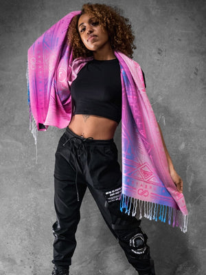 Woman wearing pink dharma shawl