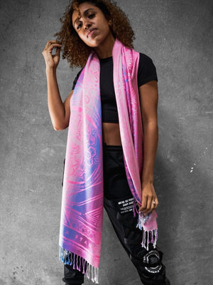 Woman wearing pink dharma shawl