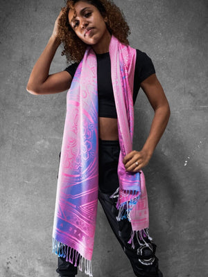 Woman wearing pink dharma shawl