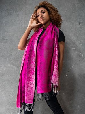 Woman wearing pink wisdom shawl