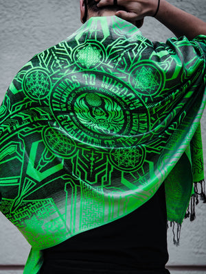 Green shawl with Wounds to Wisdom design