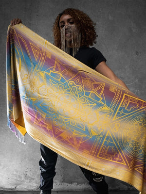 Woman holding yellow dharma shawl