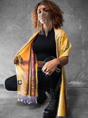 Woman wearing yellow Dharma shawl, style 4