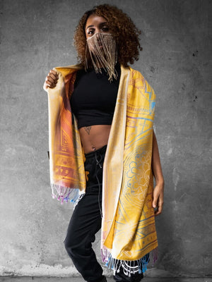 Woman wearing yellow Dharma shawl