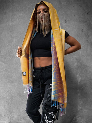 Woman wearing yellow Dharma shawl