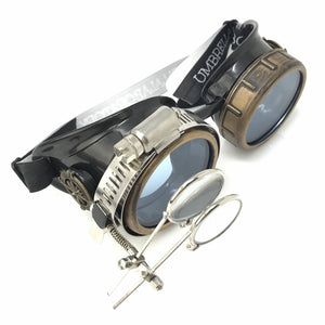 Steampunk Goggles with magnifying loupes UV glow neon blue prism diffraction lenses