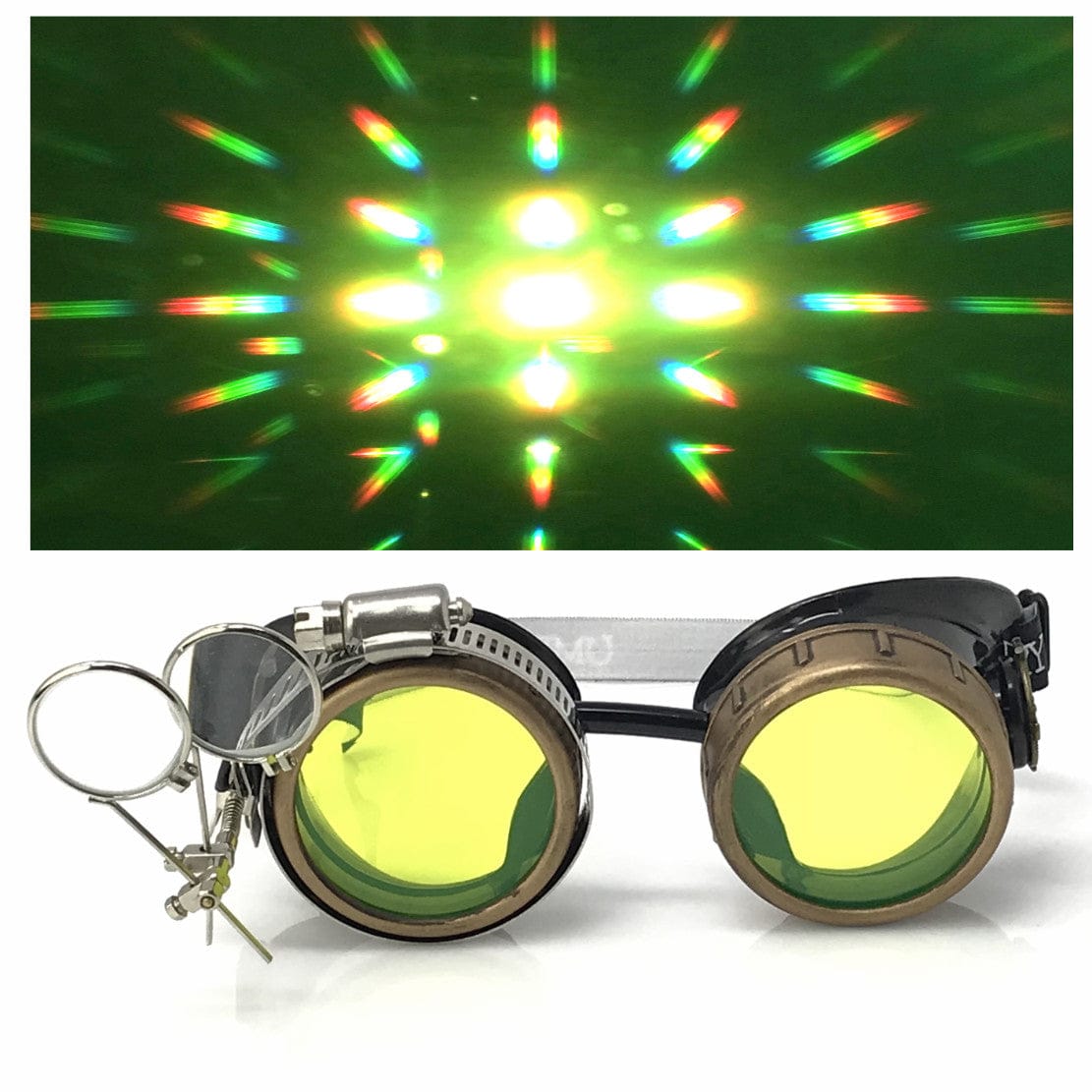  Steampunk Goggles with magnifying loupes UV glow neon green prism diffraction lenses 