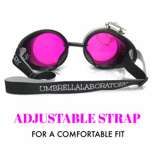 Steampunk Goggles with magnifying loupes UV glow neon pink spiral diffraction lenses