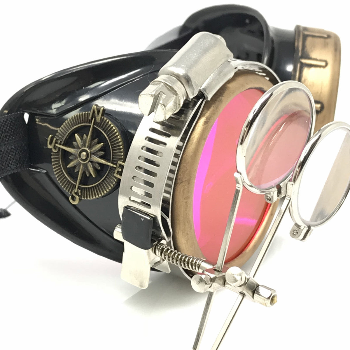  Steampunk Goggles with magnifying loupes UV glow neon pink spiral diffraction lenses 